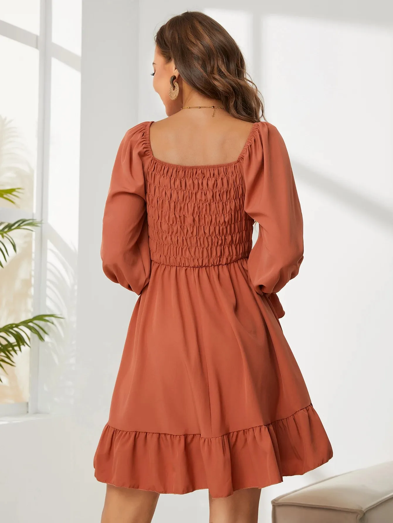 Square Neck Poet Sleeves Smocked Mini Dress