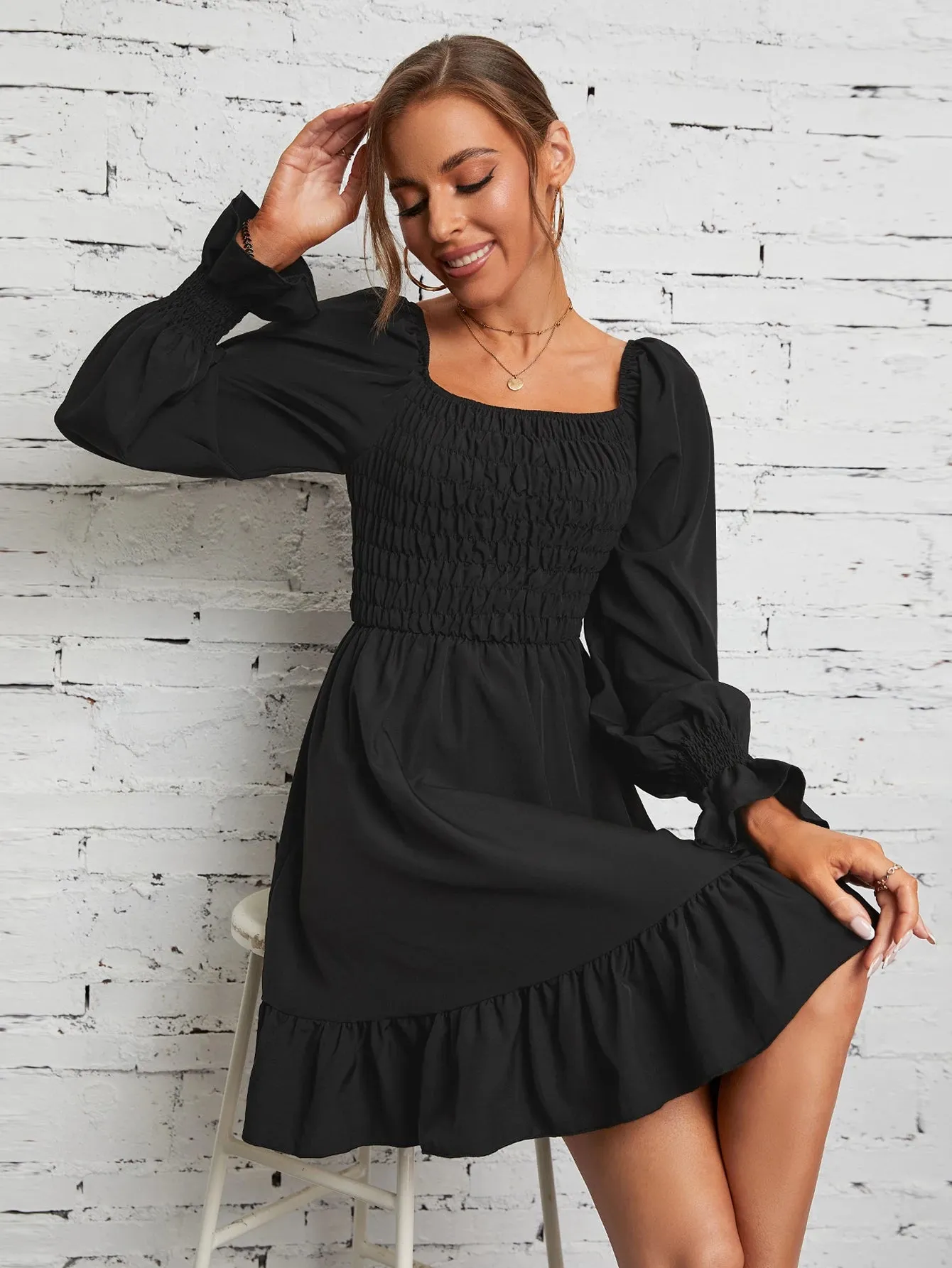 Square Neck Poet Sleeves Smocked Mini Dress
