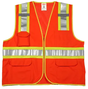 Type R Class 2 Surveyor Style Vest - Fluorescent Orange-Red - Polyester Solid Front, Mesh Back - Zipper Closure - 2 Mic Tabs - 5 Exterior Pockets - 3 Interior Pockets - Two-Tone Silver Reflective Tape