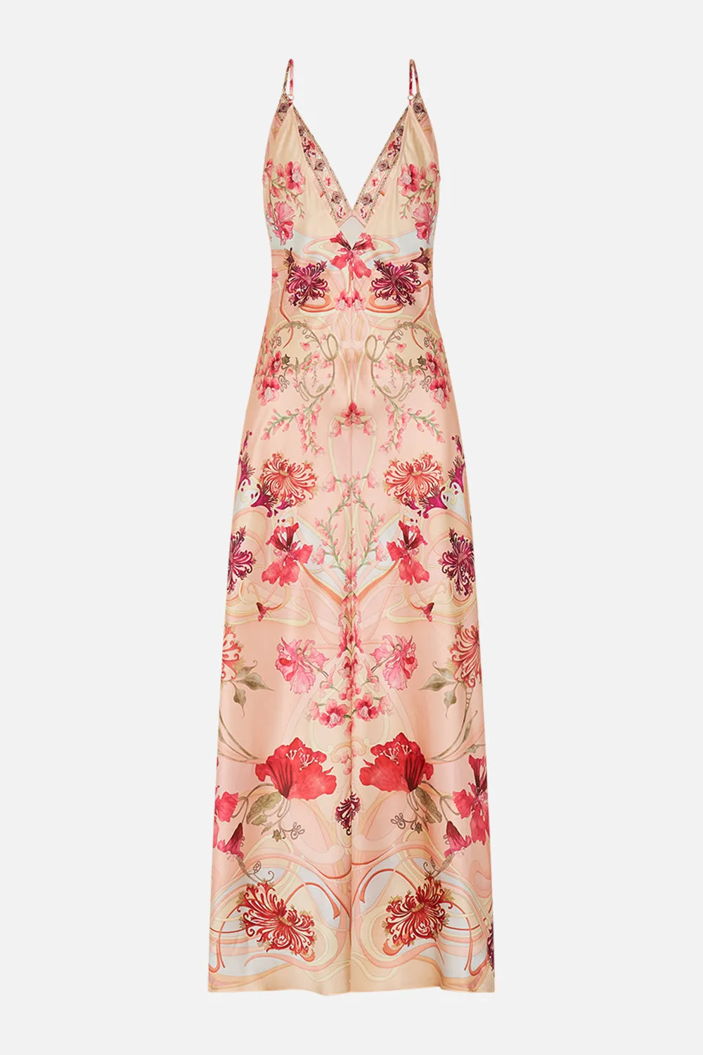 V NECK FULL LENGTH BIAS SLIP DRESS BLOSSOMS AND BRUSHSTROKES