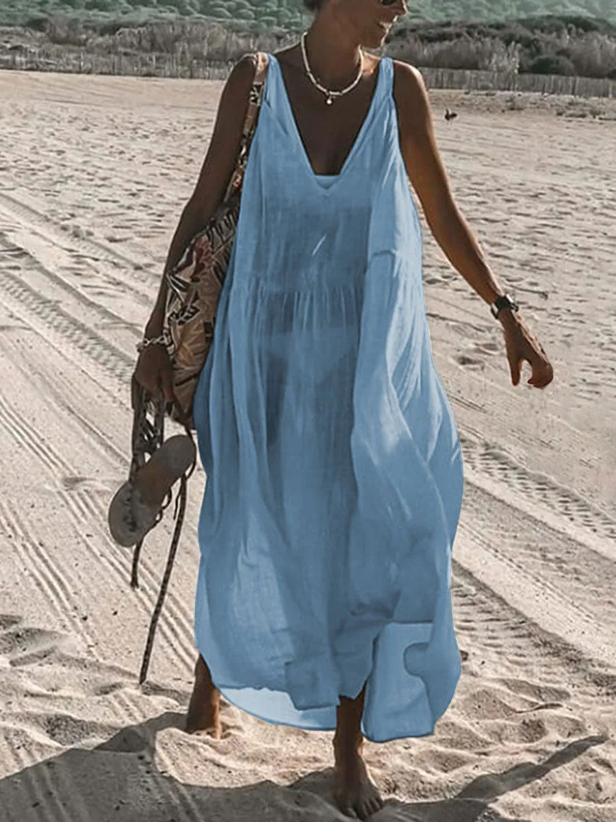 V-Neck Solid Color Sling Casual Dress