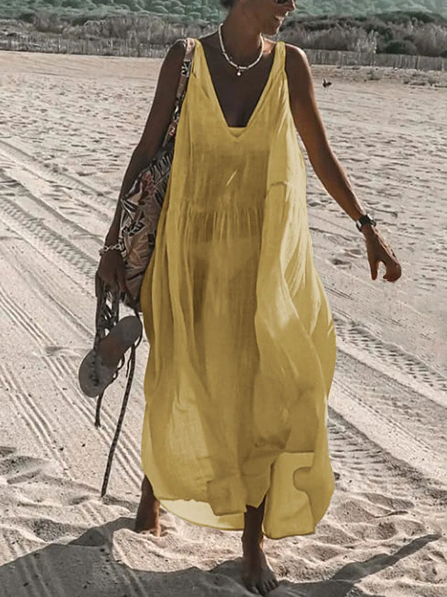 V-Neck Solid Color Sling Casual Dress