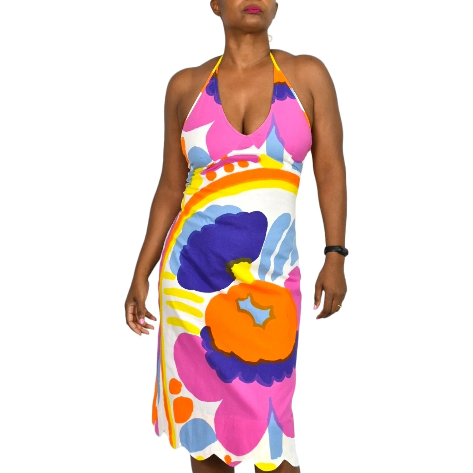 Vintage Marimekko Karuselli Halter Dress Pink Abstract Print Y2K Slip Shift Size 8