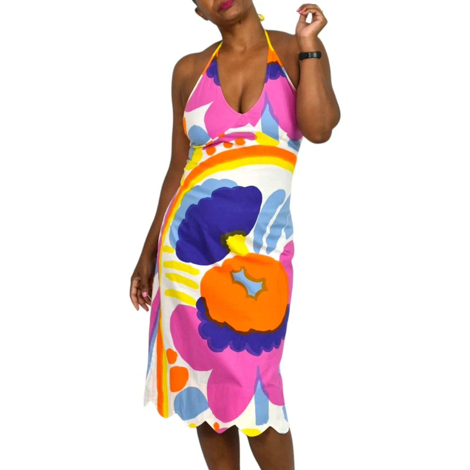 Vintage Marimekko Karuselli Halter Dress Pink Abstract Print Y2K Slip Shift Size 8