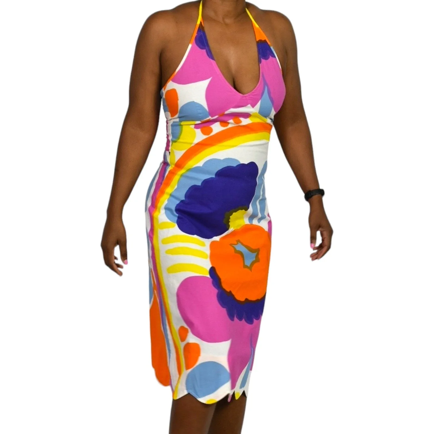 Vintage Marimekko Karuselli Halter Dress Pink Abstract Print Y2K Slip Shift Size 8