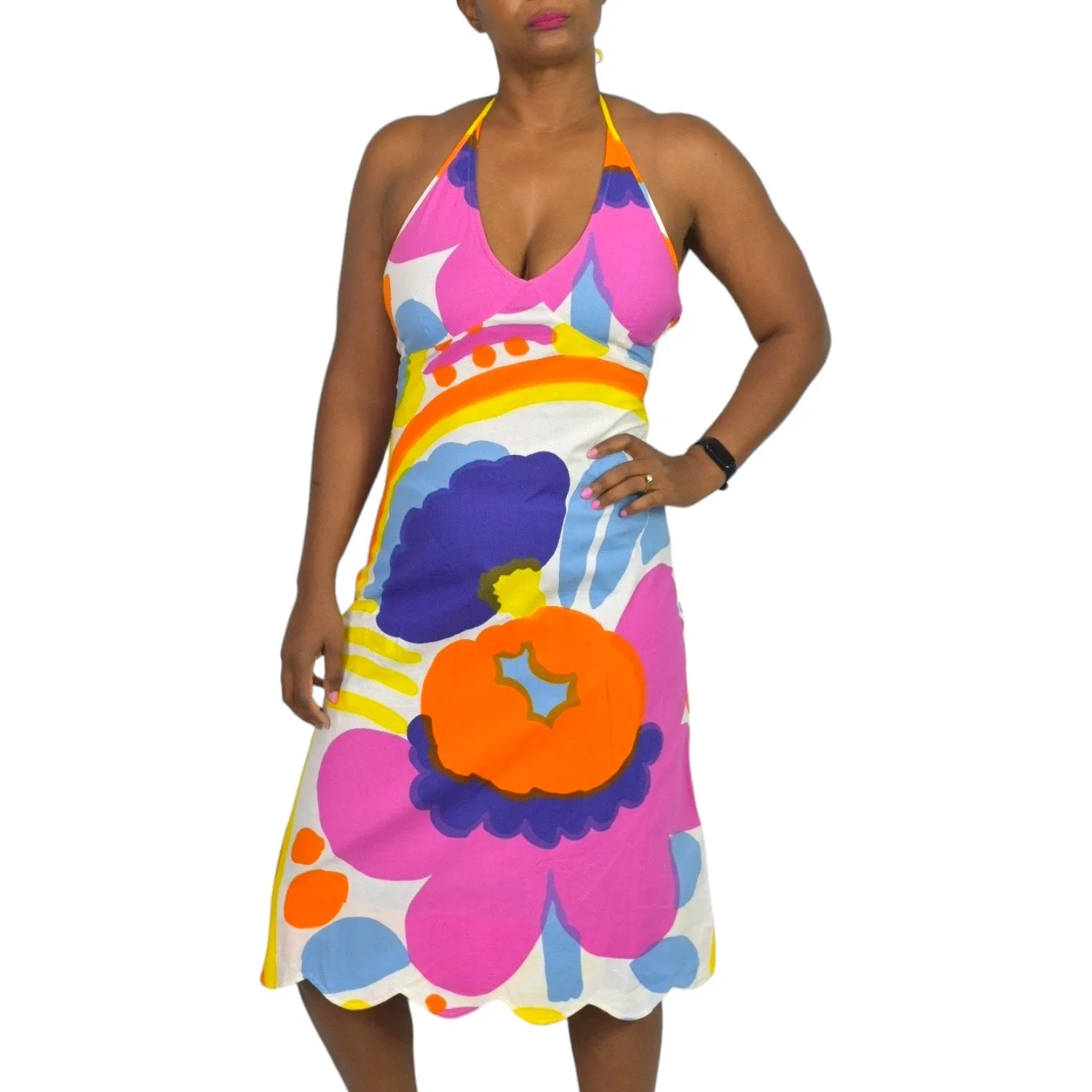 Vintage Marimekko Karuselli Halter Dress Pink Abstract Print Y2K Slip Shift Size 8