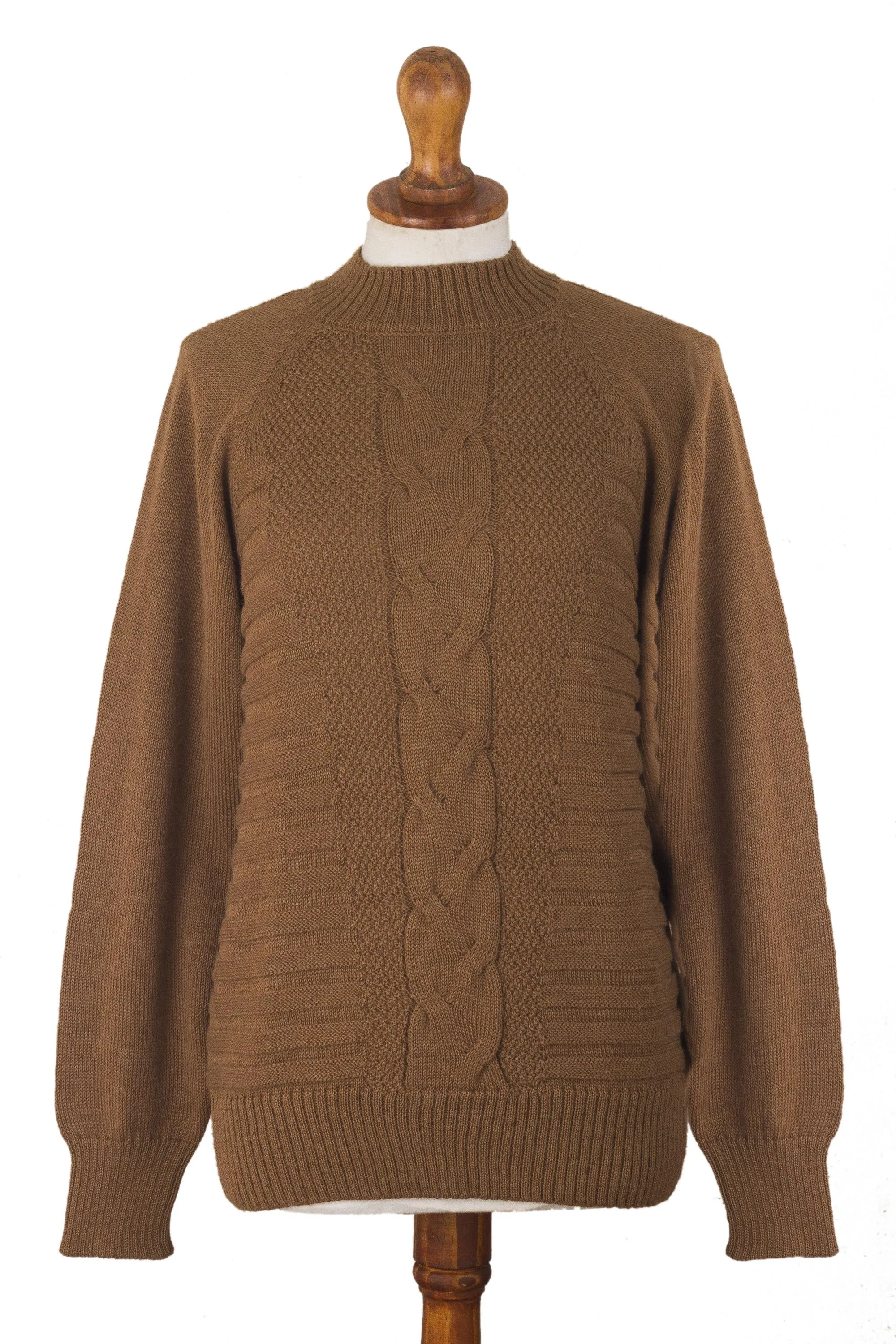 Warm Brown Braided Detail Alpaca Blend Sweater from Peru - Braided Sepia | NOVICA