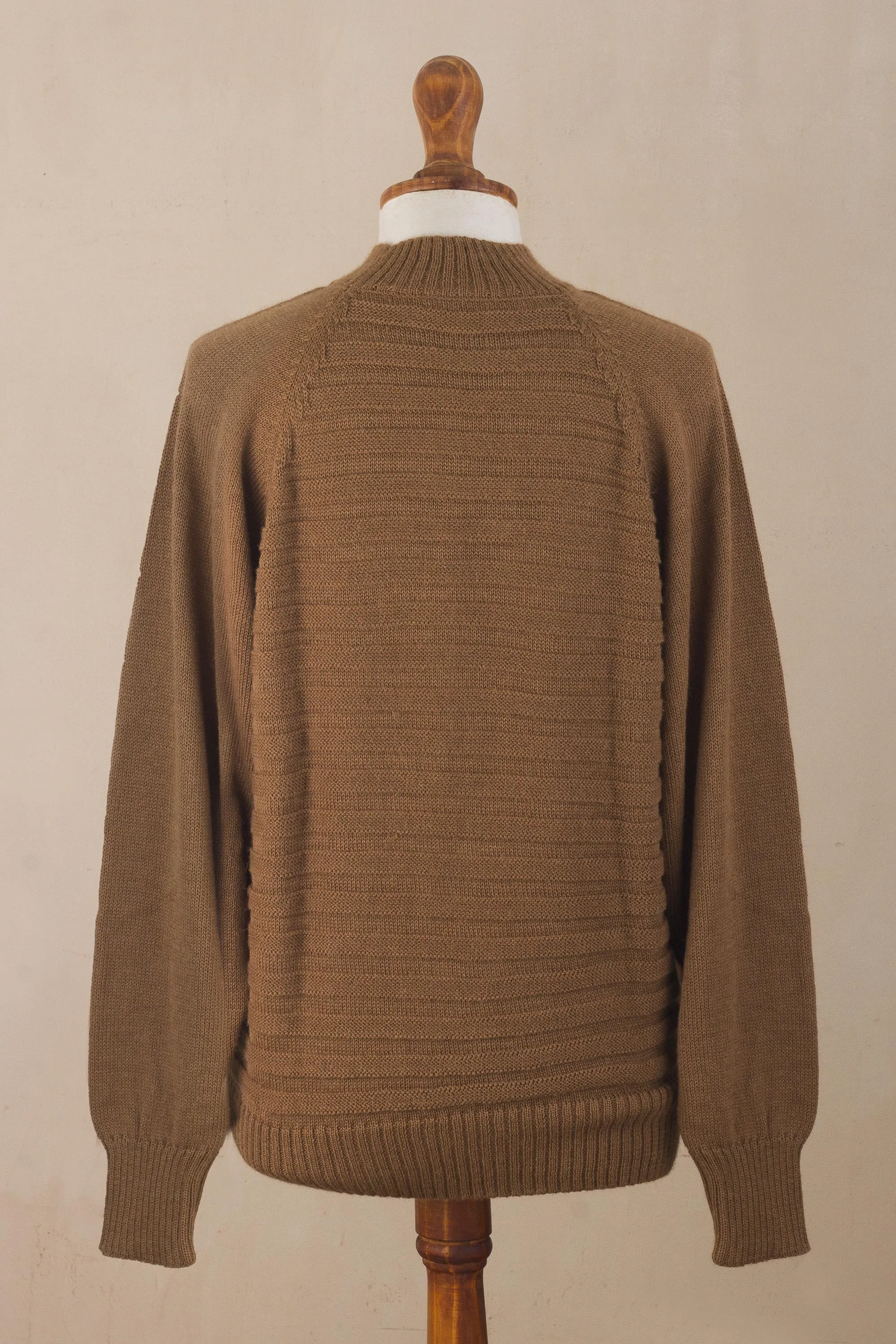 Warm Brown Braided Detail Alpaca Blend Sweater from Peru - Braided Sepia | NOVICA