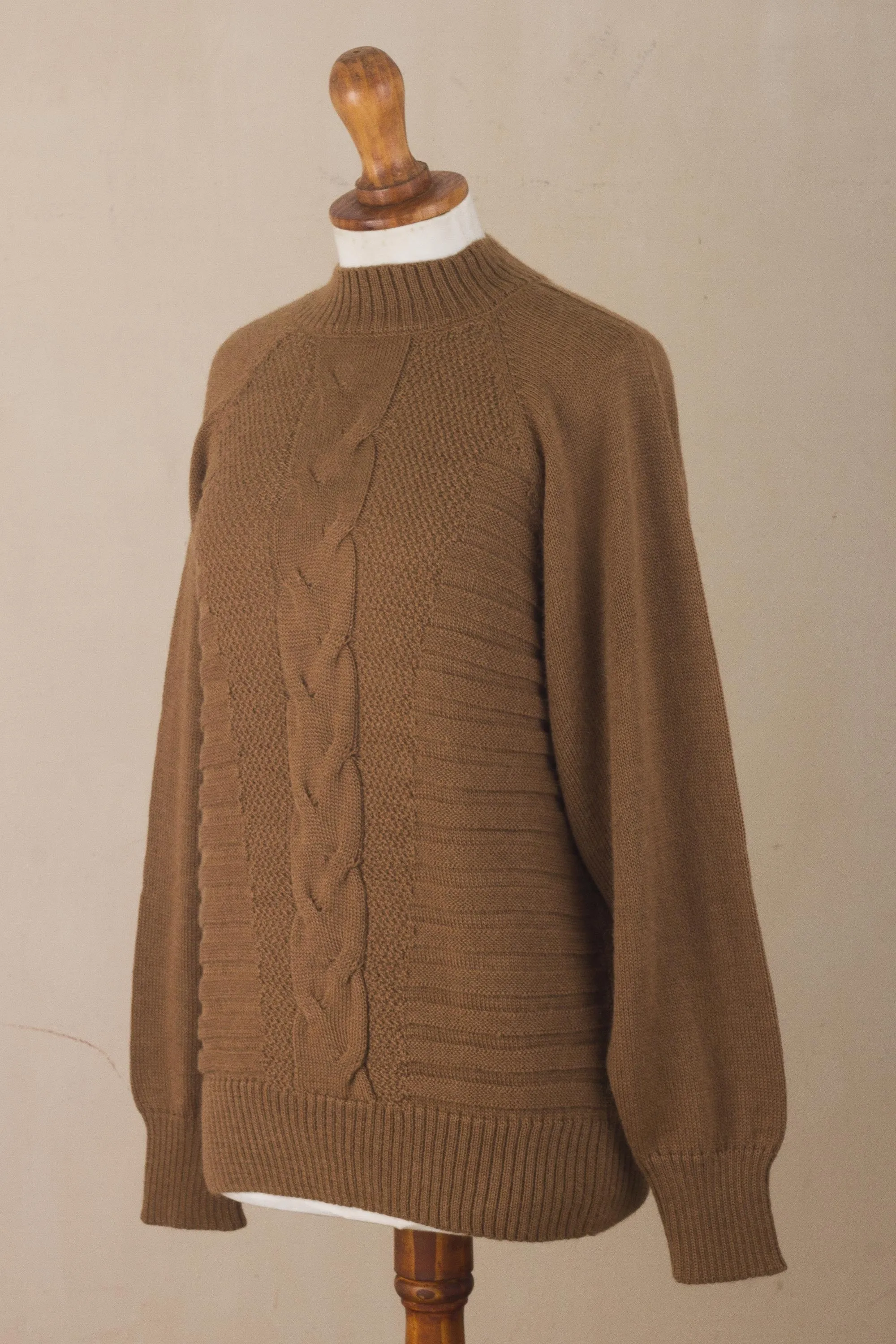 Warm Brown Braided Detail Alpaca Blend Sweater from Peru - Braided Sepia | NOVICA