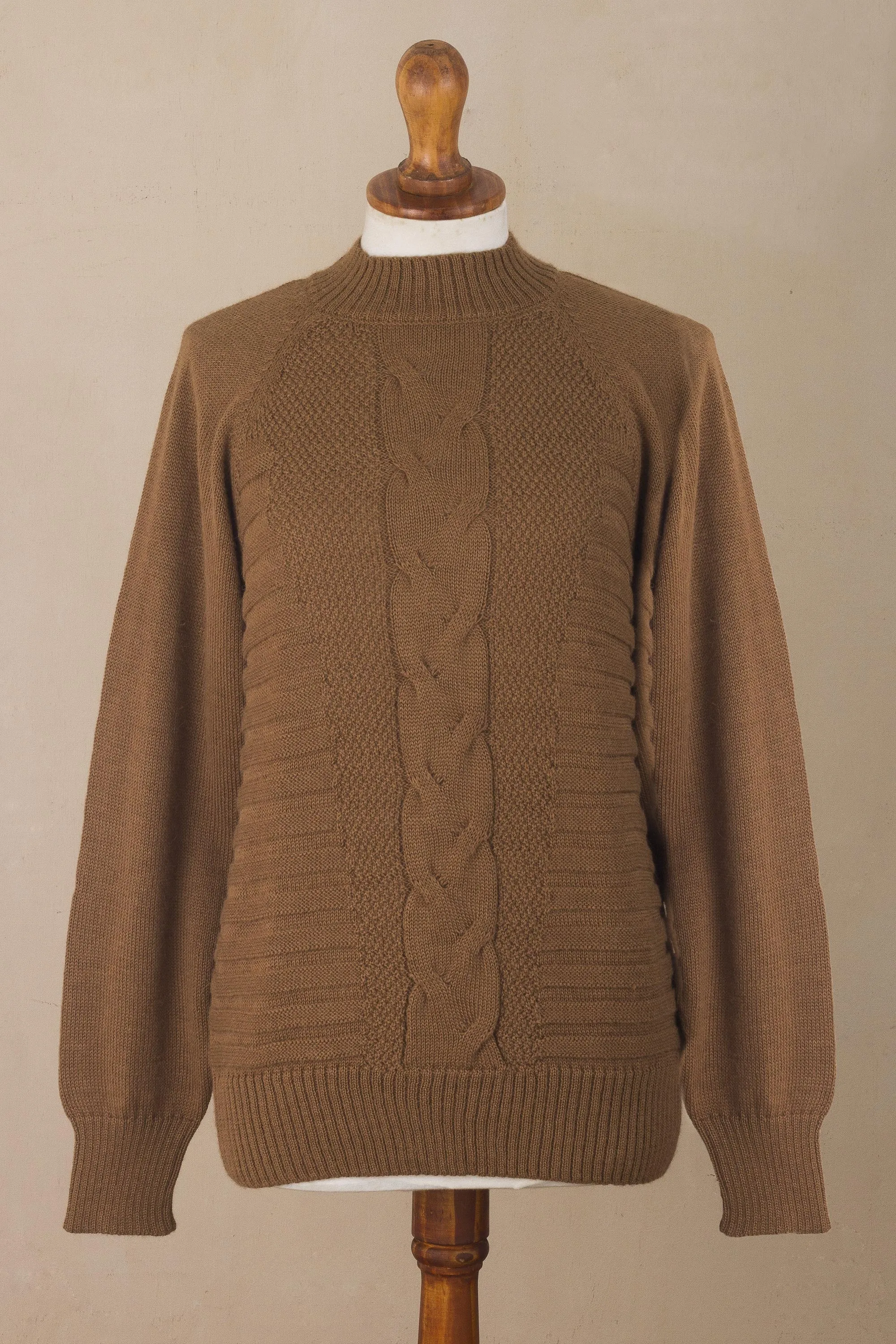 Warm Brown Braided Detail Alpaca Blend Sweater from Peru - Braided Sepia | NOVICA