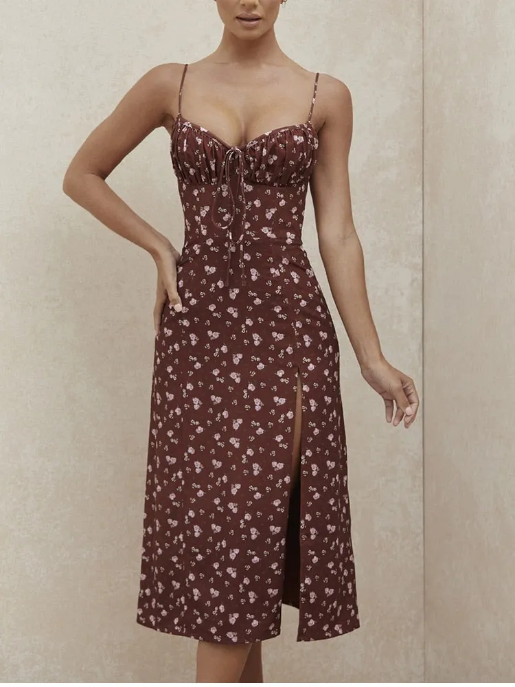 Wine Floral Dress Women Prairie Chic Spaghetti Strap Backless Chest Draped Lace Up Side Split Sexy Long Dress