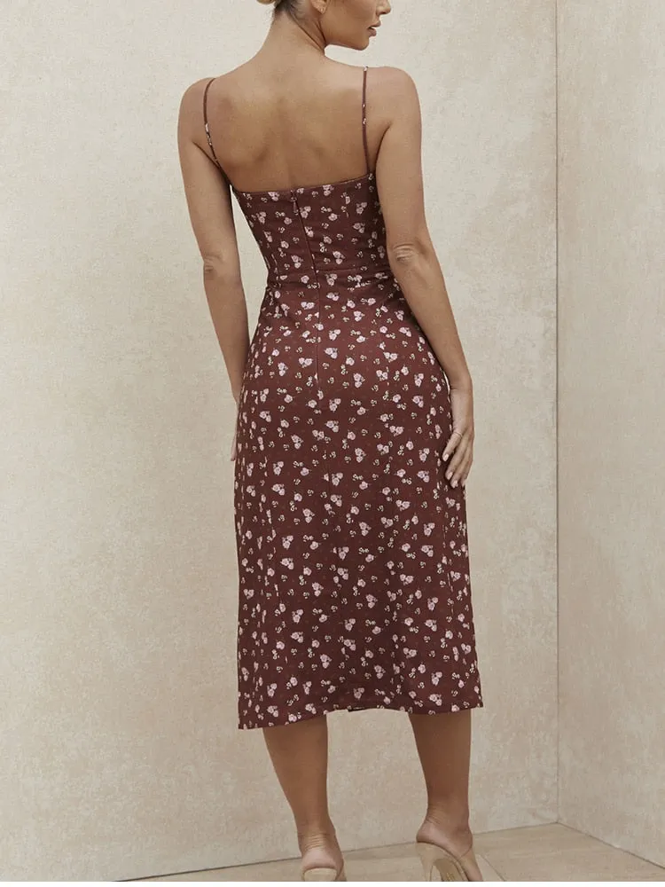 Wine Floral Dress Women Prairie Chic Spaghetti Strap Backless Chest Draped Lace Up Side Split Sexy Long Dress