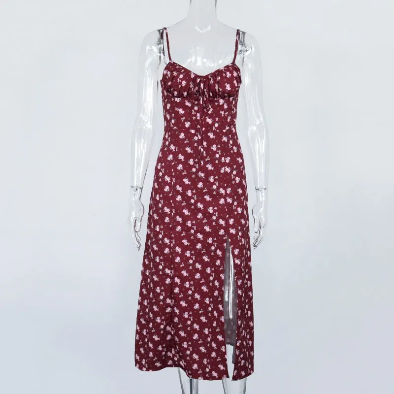 Wine Floral Dress Women Prairie Chic Spaghetti Strap Backless Chest Draped Lace Up Side Split Sexy Long Dress