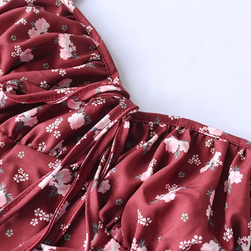 Wine Floral Dress Women Prairie Chic Spaghetti Strap Backless Chest Draped Lace Up Side Split Sexy Long Dress