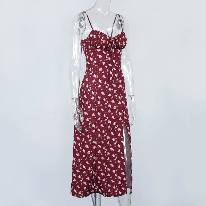 Wine Floral Dress Women Prairie Chic Spaghetti Strap Backless Chest Draped Lace Up Side Split Sexy Long Dress