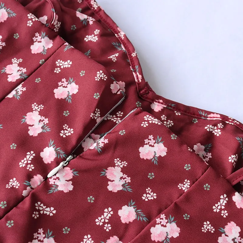 Wine Floral Dress Women Prairie Chic Spaghetti Strap Backless Chest Draped Lace Up Side Split Sexy Long Dress