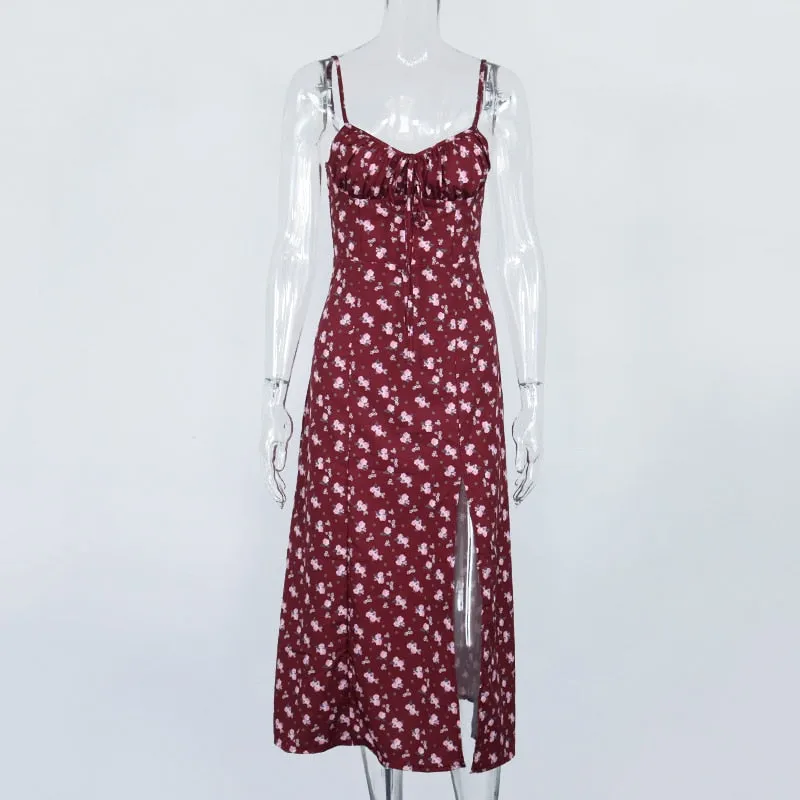 Wine Floral Dress Women Prairie Chic Spaghetti Strap Backless Chest Draped Lace Up Side Split Sexy Long Dress