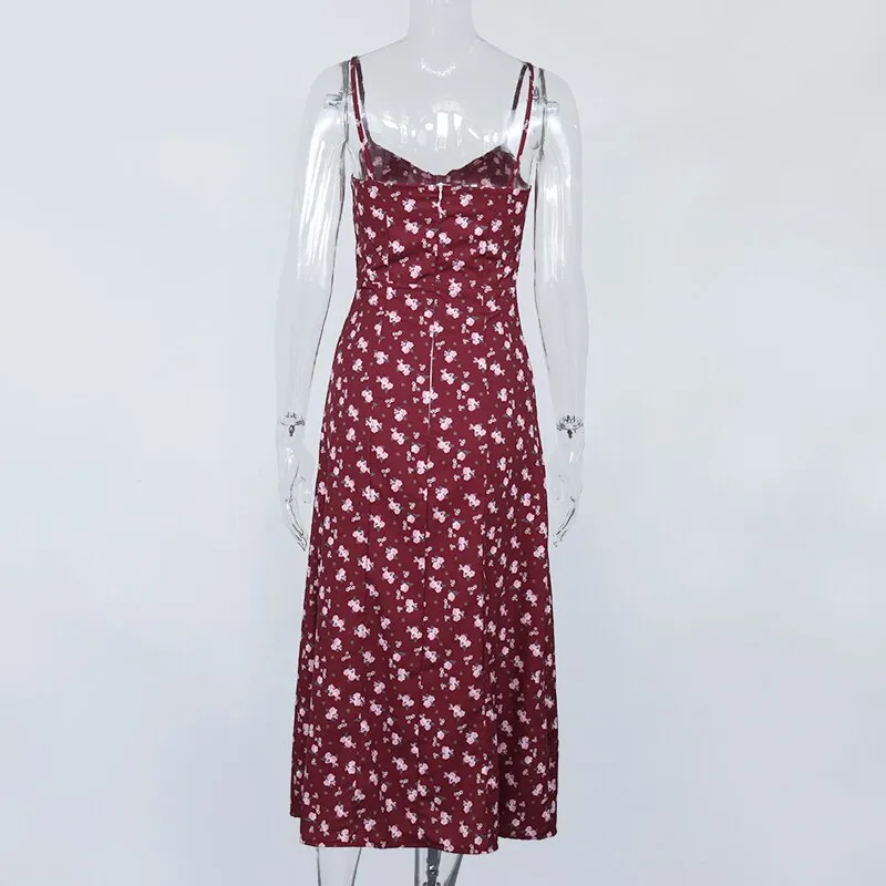 Wine Floral Dress Women Prairie Chic Spaghetti Strap Backless Chest Draped Lace Up Side Split Sexy Long Dress