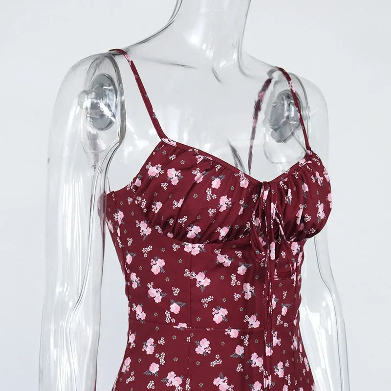 Wine Floral Dress Women Prairie Chic Spaghetti Strap Backless Chest Draped Lace Up Side Split Sexy Long Dress
