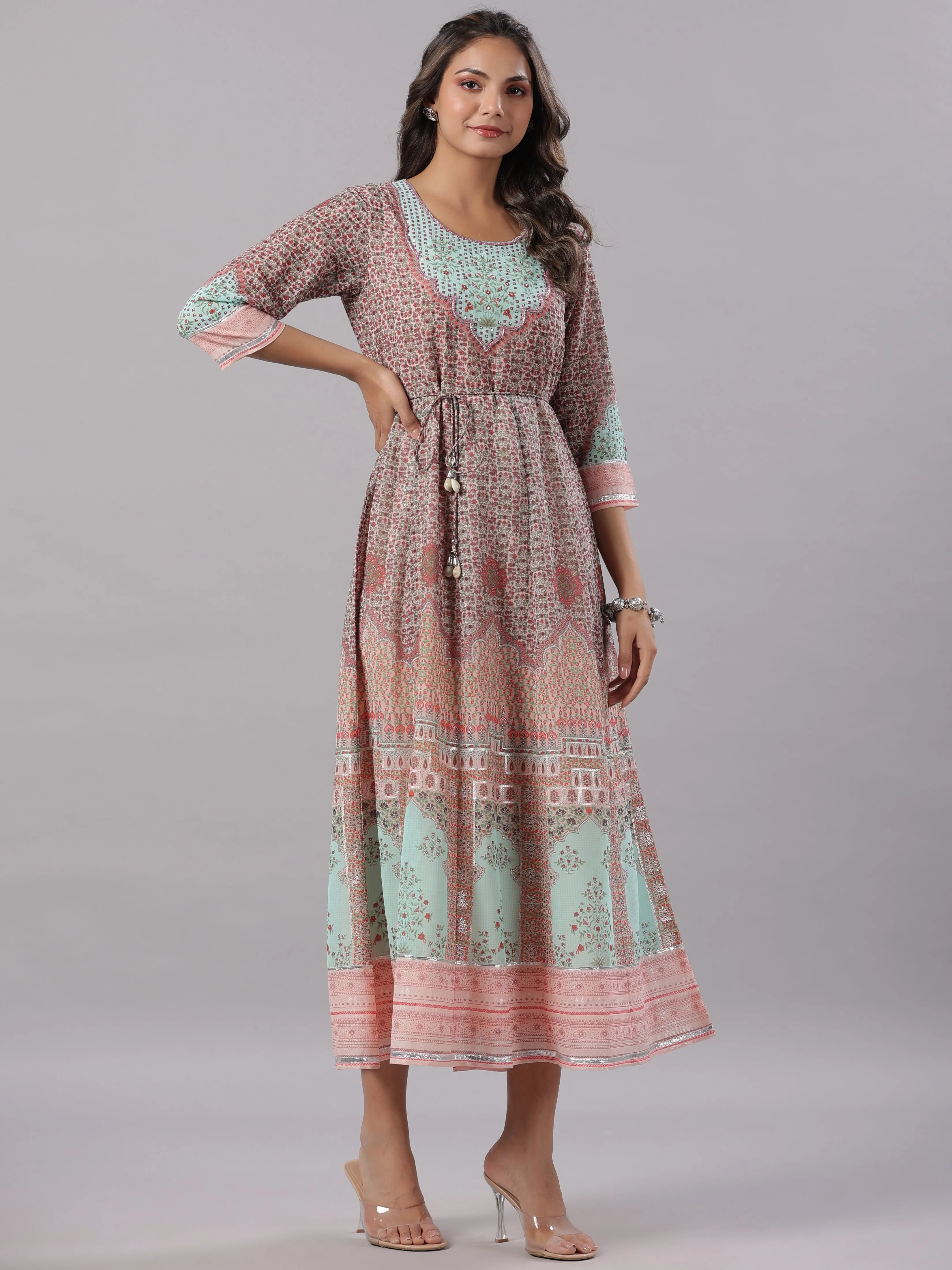 Women Peach Georgette Printed Maxi Dress