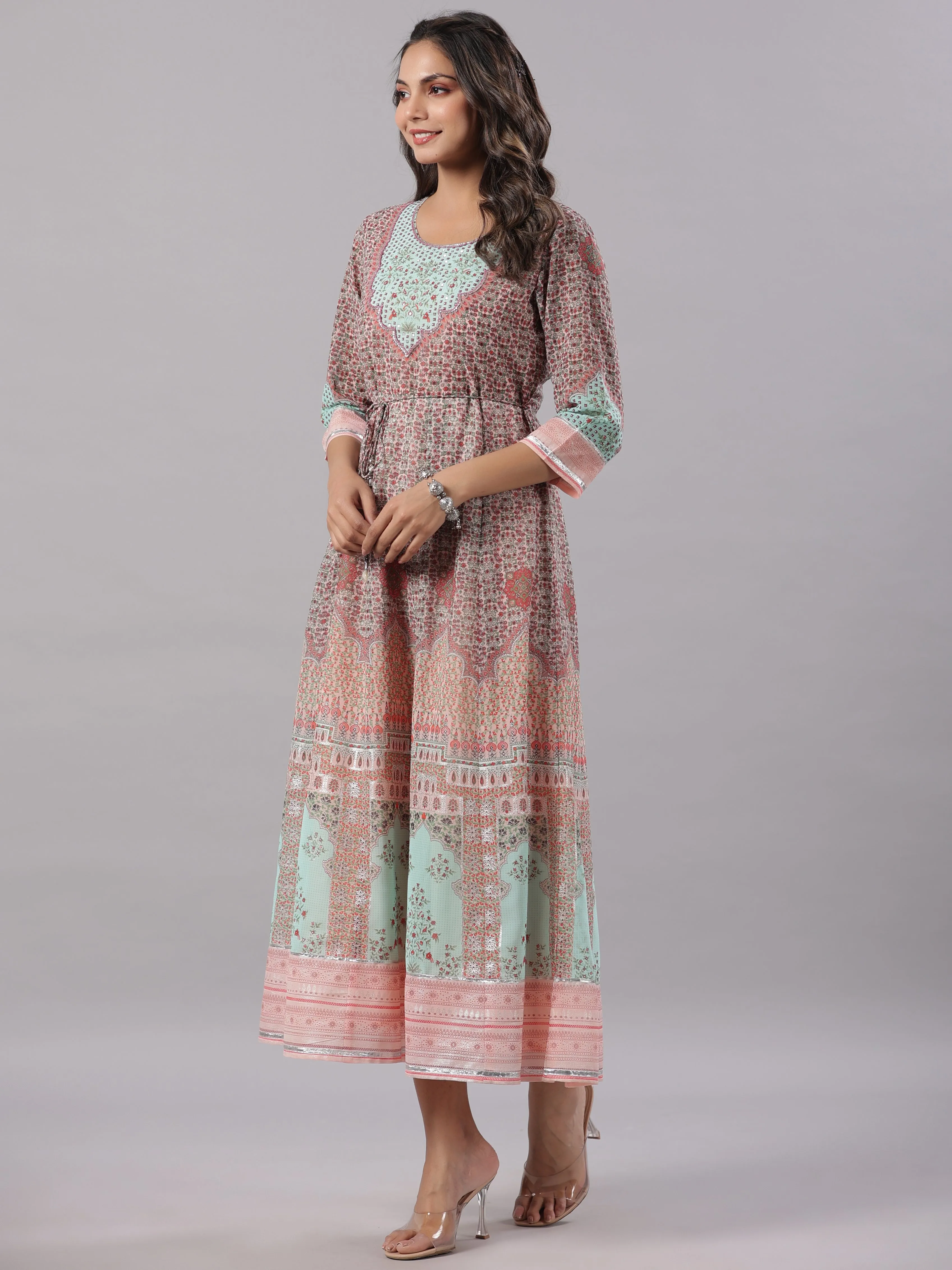 Women Peach Georgette Printed Maxi Dress