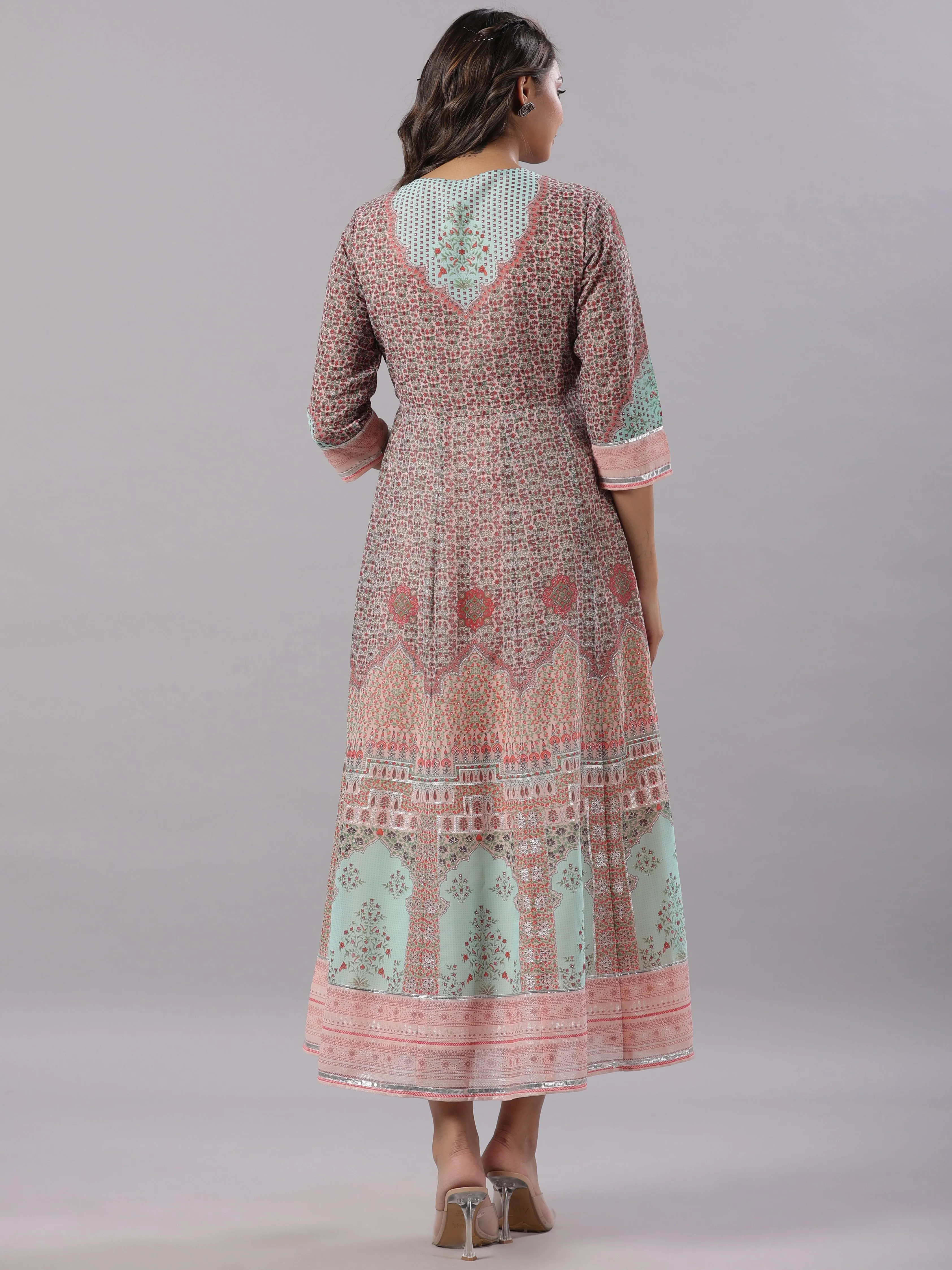 Women Peach Georgette Printed Maxi Dress