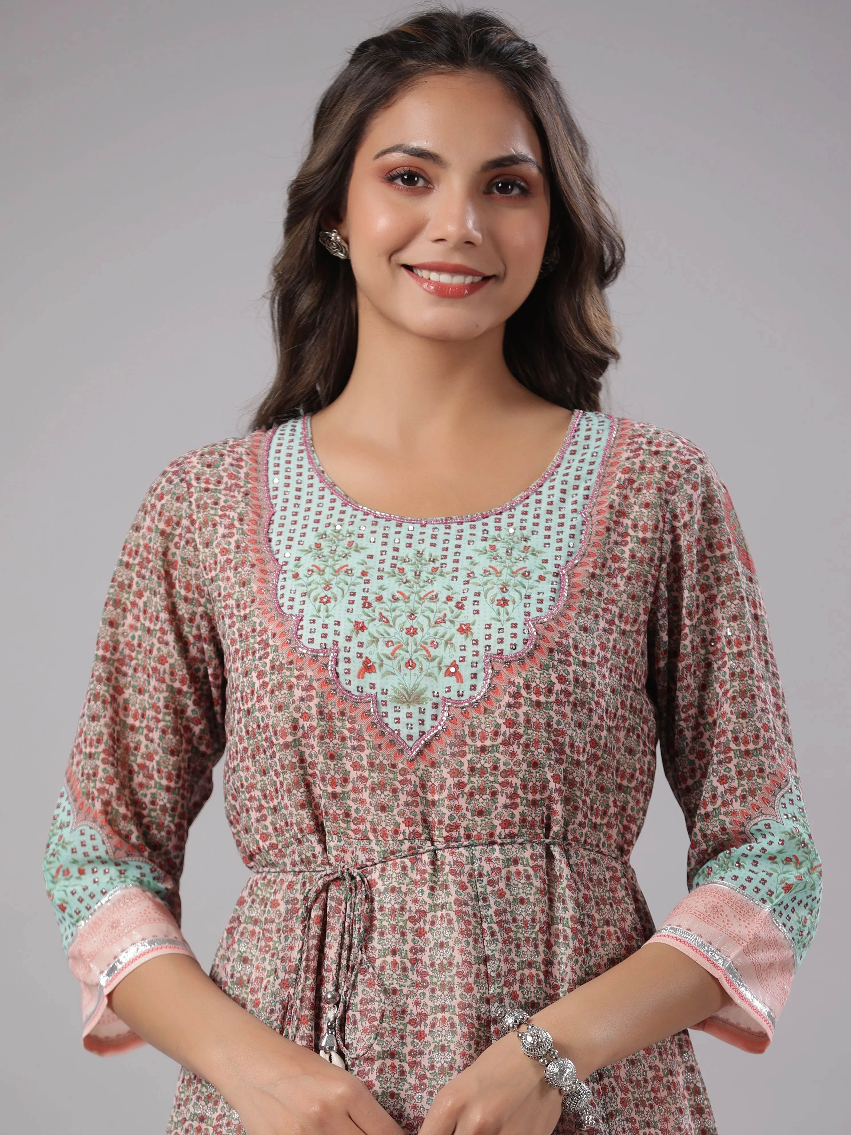 Women Peach Georgette Printed Maxi Dress