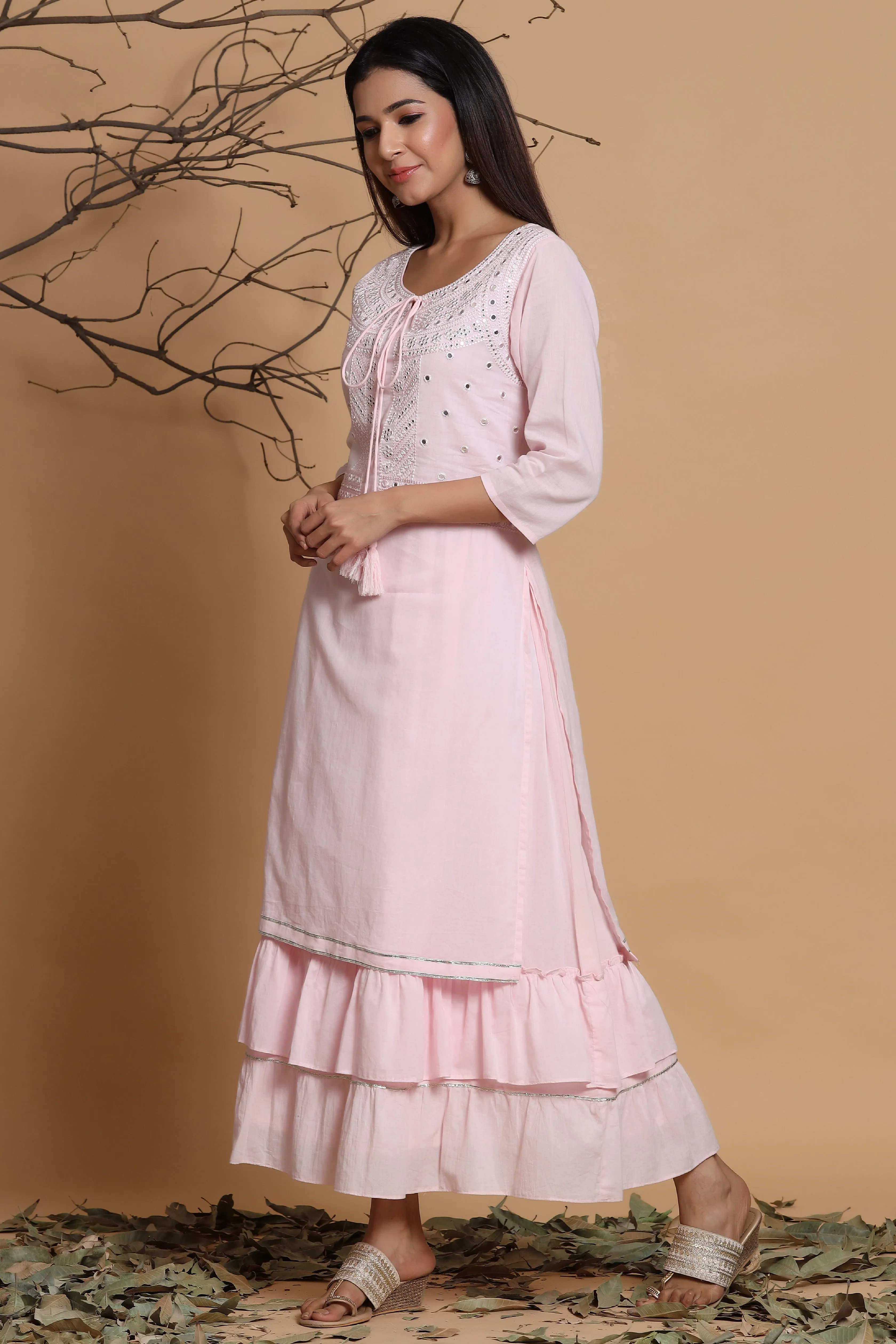 Women Pink Cotton Cambric Printed Dress