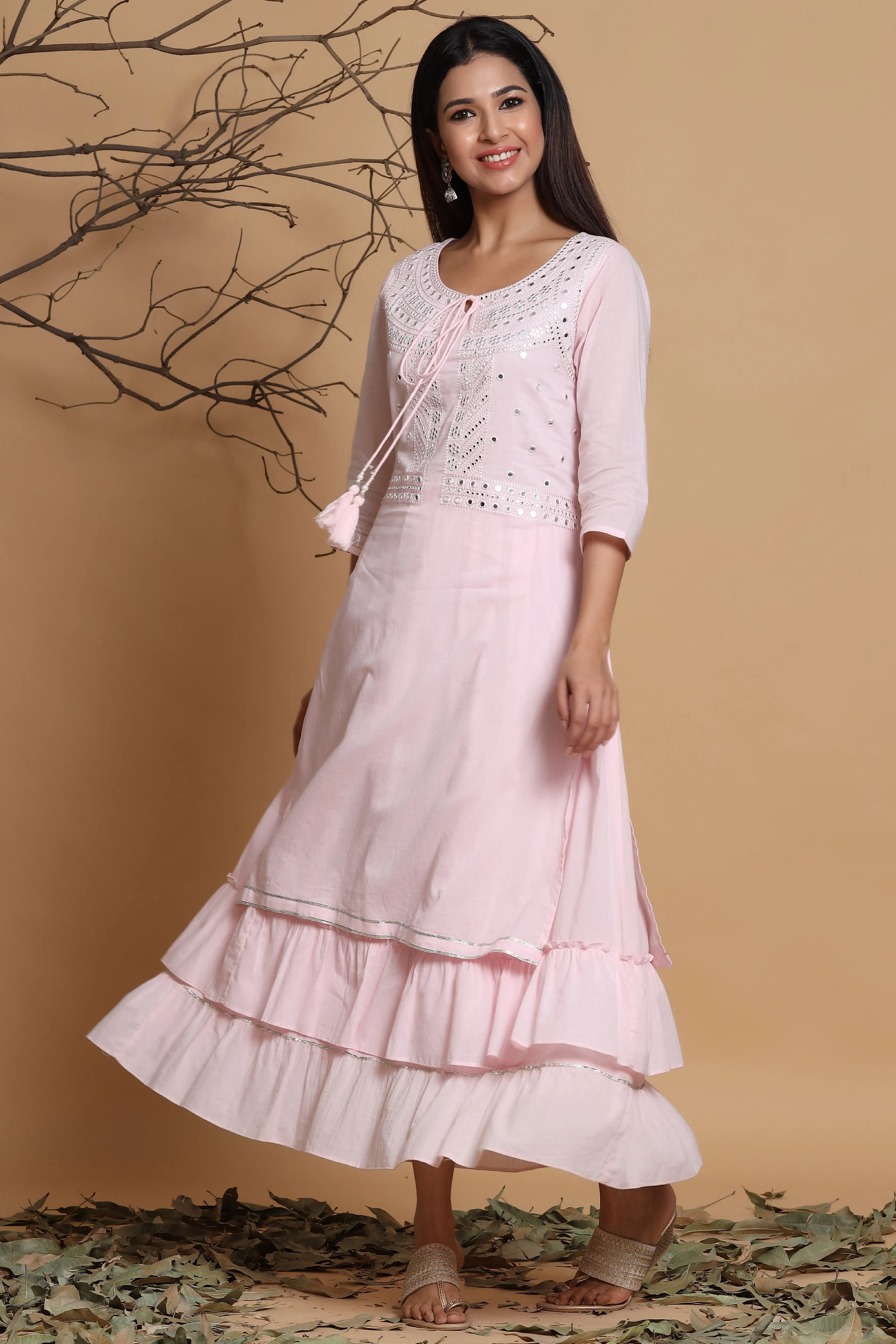 Women Pink Cotton Cambric Printed Dress