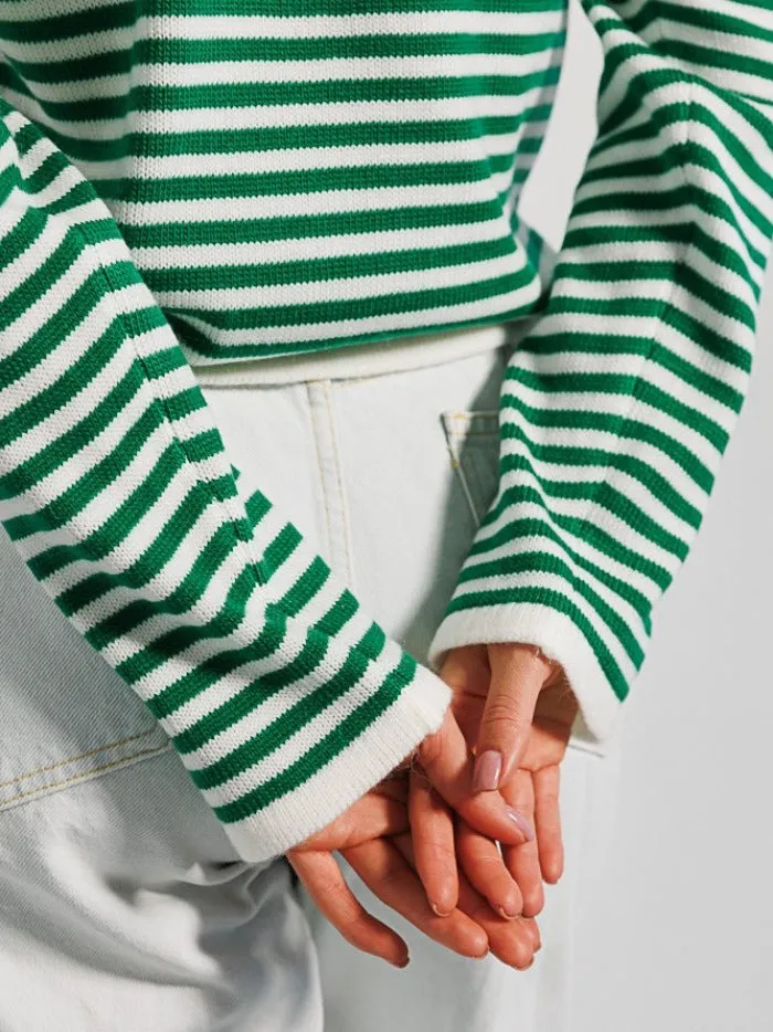 Women's Fashion Ribbed Color Block Striped Crew Neck Knit Sweater